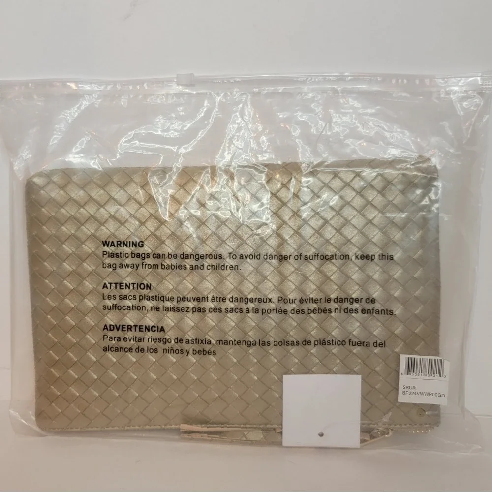 VIRGINIA WOLF‎ Faux Leather Clutch Mini Woven Pouch Gold Tassel Zip Top Make Up